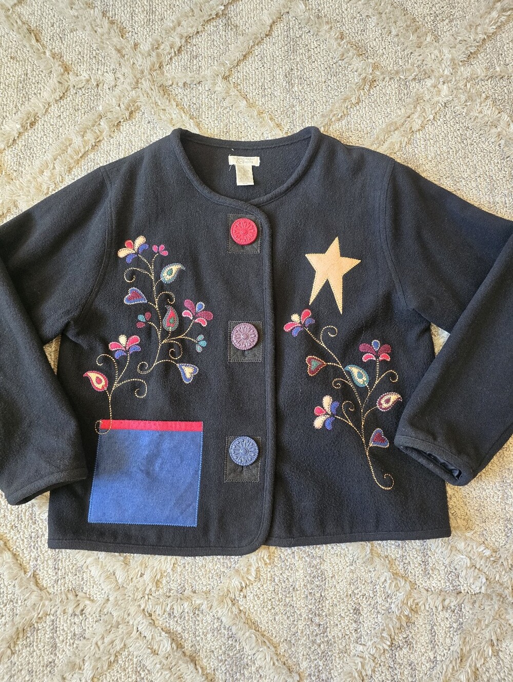 Christopher & Banks Black Button Cardigan Size L Wool Floral Embroidery Applique